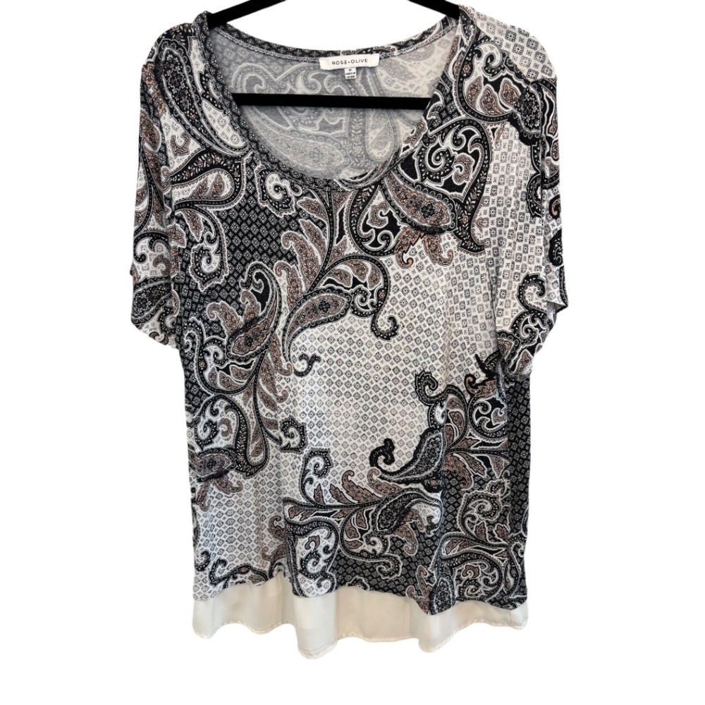 Rose & Olive Anthropologie Plus Size Black White Paisley Short Sleeve Top 1X